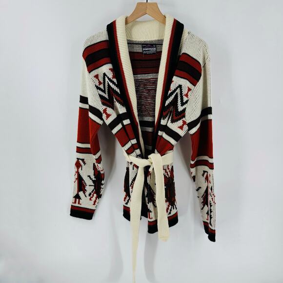 Dimensions Cardigan Sweater Large Belted Aztec Southwestern Knit Boho Wrap - Picture 6 of 6